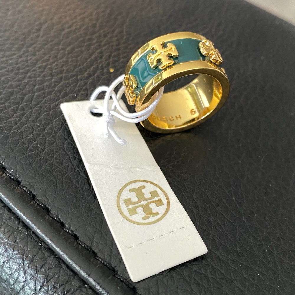 Tory Burch Gold and Green Ring Size 6 NWT